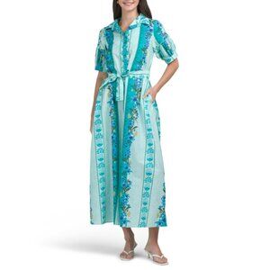 CELINA MOON Teal Multi Short Sleeve Belted Striped Floral Maxi Dress